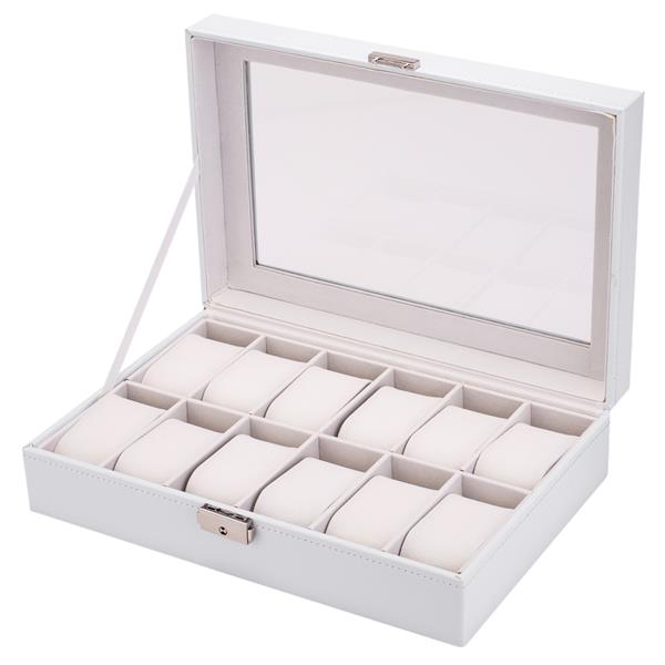 Watch Box 12 Slots Watch Case for Men Women Leather Watch Organizer Holder Display Storage Case with Glass Lid White