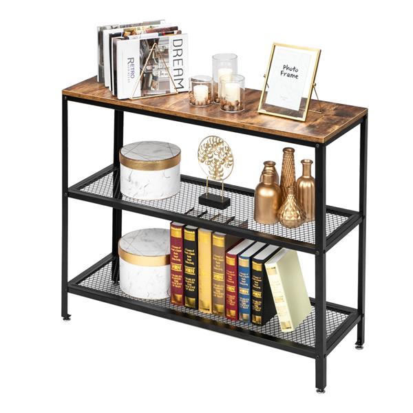 HODELY Modern Industrial Wood Grain 3 Floors 40-Inch Rectangle Wrought Iron Sofa Table