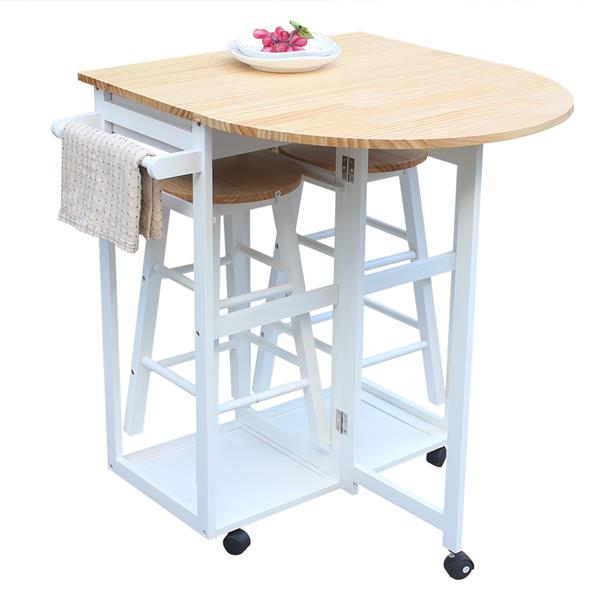 Semicircle Solid Wood Folding Dining Cart with 2 Free Stools White