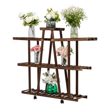 3-Layer 9-Seat Indoor And Outdoor Multifunctional Carbonized Ribbon Wheel Wooden Plant Stand