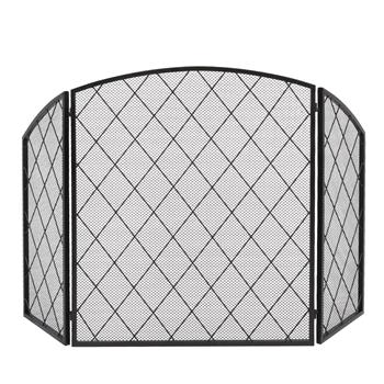 Tri-Fold Arc Top Thin Line Diamond Grid Decorative Iron Fireplace Screen 128*77 Unfolded Size