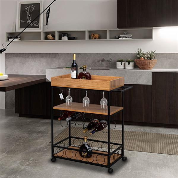 Industrial Wine Rack Cart Kitchen Rolling Storage Bar Wood Table Serving Trolley