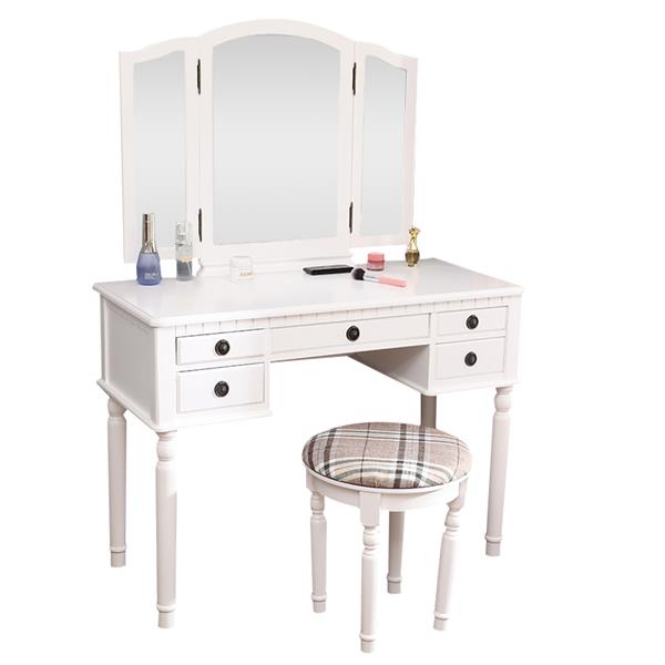 【】Dresser Three-Fold Square Mirror Drawers Roman Column Table/Stool White