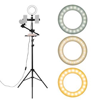 6.3\\" Selfie Ring Light with Tripod Stand & Double Cell Phone Holder & Mic Stand & Multi-function Plate for Live Stream / Makeup Compatible with iPhone and Android Smartphone