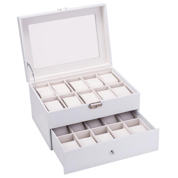 20 Watch Box Lockable Organizer Display Case with Glass Top White