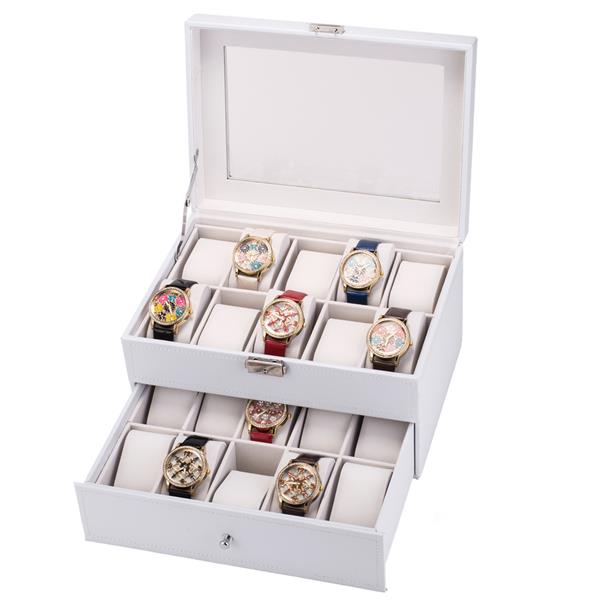 20 Watch Box Lockable Organizer Display Case with Glass Top White