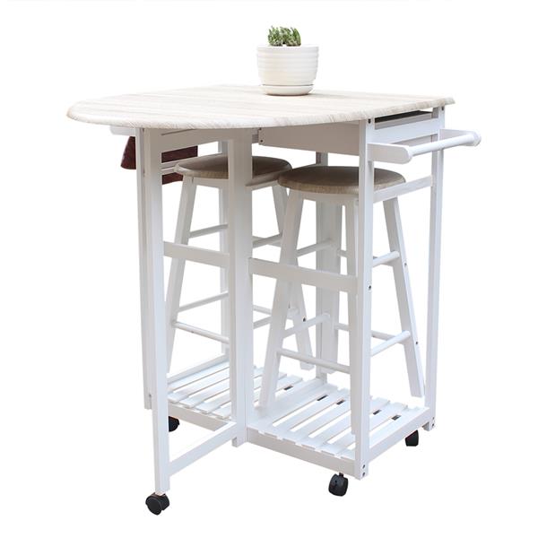 Foldable With Wooden Handle Semicircle Dining Cart With Round Stools White