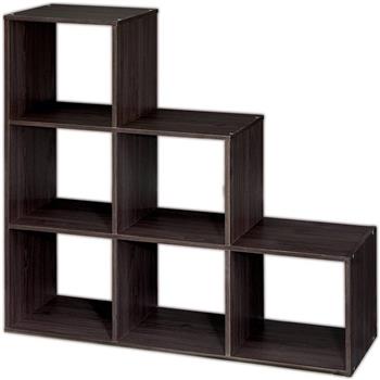 6 Cubes Organizer Wood Bookshelf Open Shelf Bookcase , 3-2-1 Cube Storage Shelf , Dark Brown