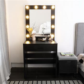 FCH Single Drawer Dresser with Light Cannon and Large Mirror Black Warm Light