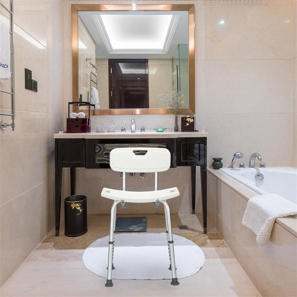 Aluminum Alloy Lifting Bath Chair 8 Files With Backrest PE Seat Stool Rubber Floor Mat White