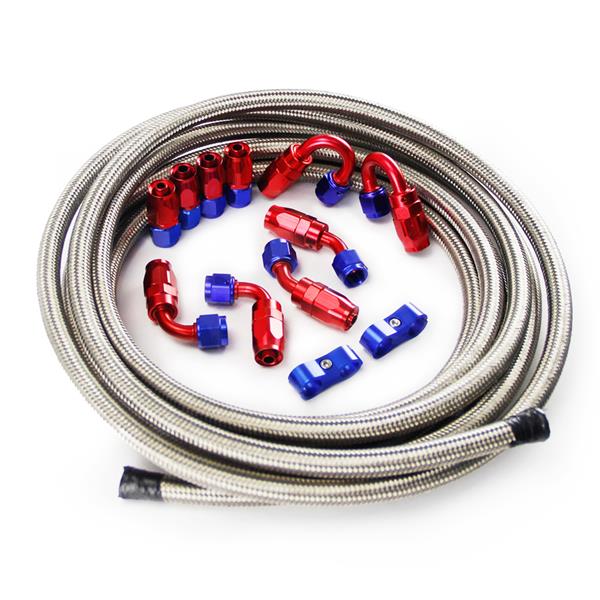 Universal 16ft AN-4 Silver Nylon Braided Hose with 10pcs Red & Blue Hose Ends and 2pcs Hose Separato