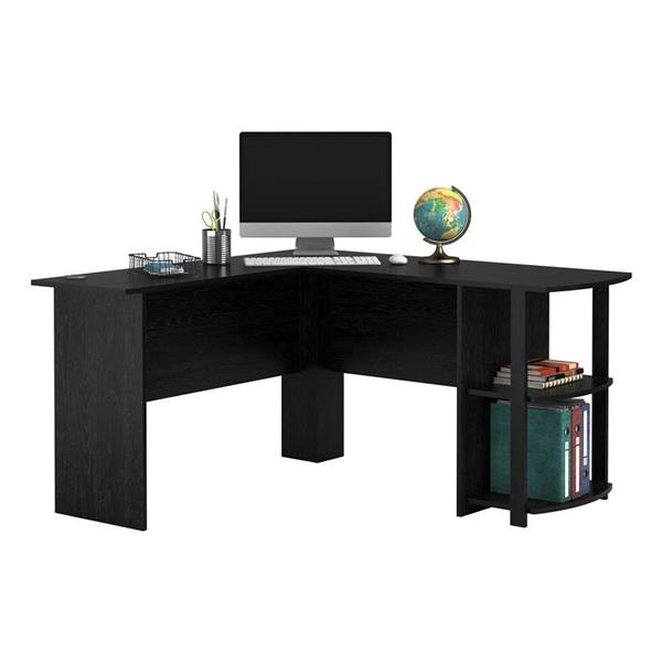 L-Shaped Wood Right-angle Computer Desk with Two-layer Bookshelves Black