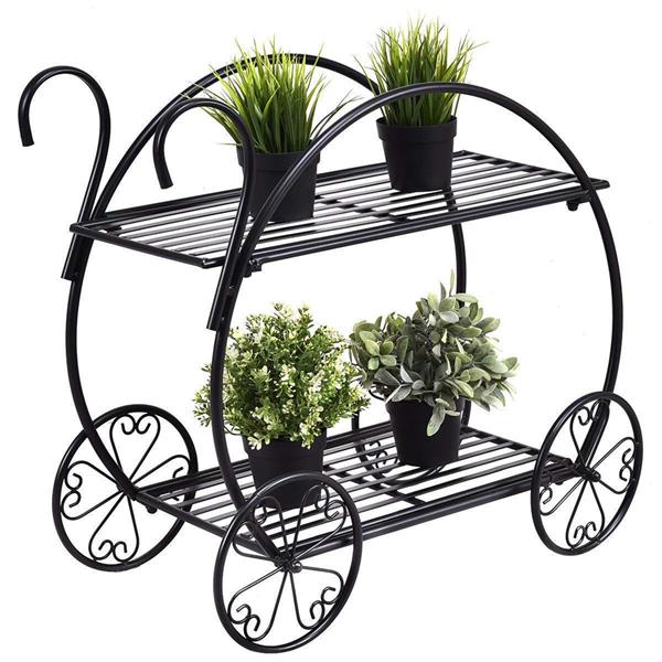 Paint With Handle Cart Shape 2 Layer Plant Stand Black