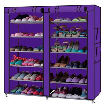 Fashionable Room-saving 12 Lattices Dual Rows Non-woven Fabric Shoe Rack Purple