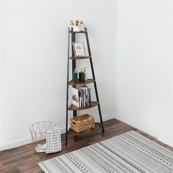 Industrial Corner Ladder Shelf, 5 Tier Bookcase A-Shaped Utility Display Organizer Plant Flower Stand Storage Rack, Wood Look Accent Metal Frame Furniture Home Office