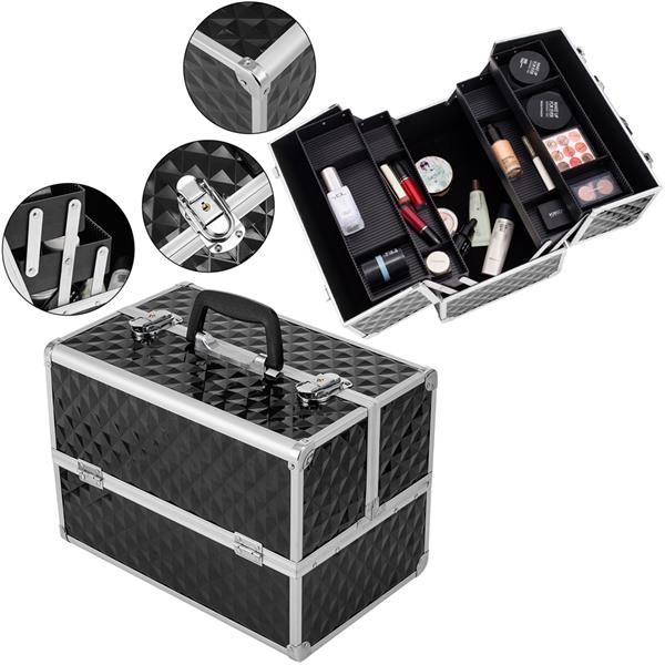 13.5" Makeup Train Case Professional Cosmetic Box with Adjustable Dividers 4 Trays and 2 Locks Black