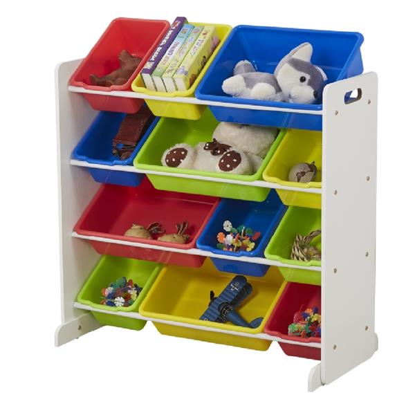 Kids' Toy Storage Organizer with 12 Plastic Bins, White / Primary