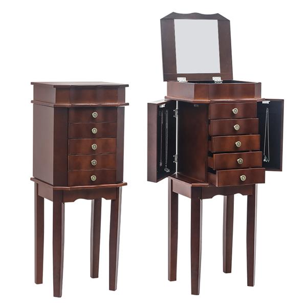 Standing Jewelry Armoire with Mirror, 5 Drawers & 6 Necklace Hooks, Jewelry Cabinet Chest with Top Storage Organizer , 2 Side Swing Doors(Brown)