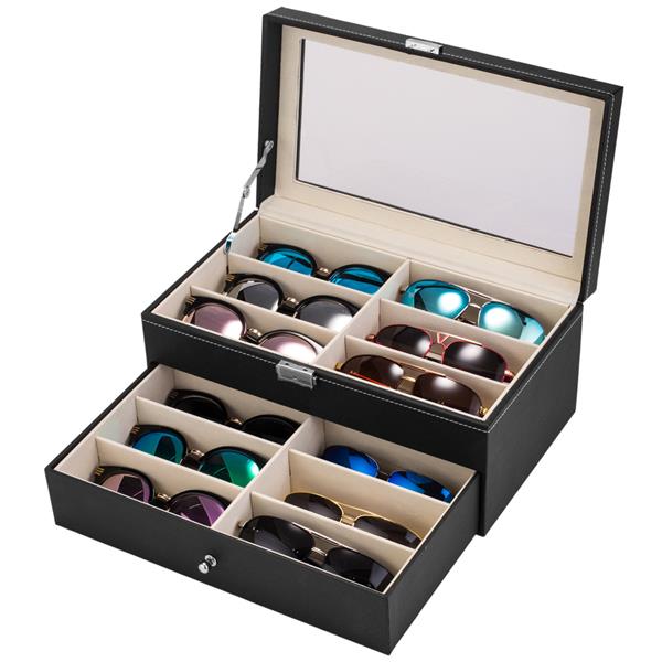 Leather 12 Piece Eyeglasses Storage and Sunglass Glasses Display Drawer Lockable Case Organizer Black