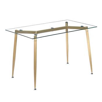 Simple Wood Grain Table Leg & Transparent Tempered Glass Dinner Table