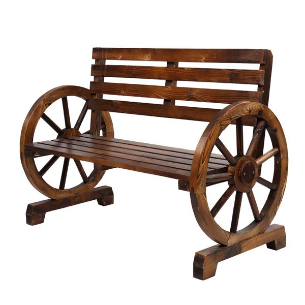 Rustic 2-Person Wooden Wagon Wheel Bench with Slatted Seat and Backrest, Brown