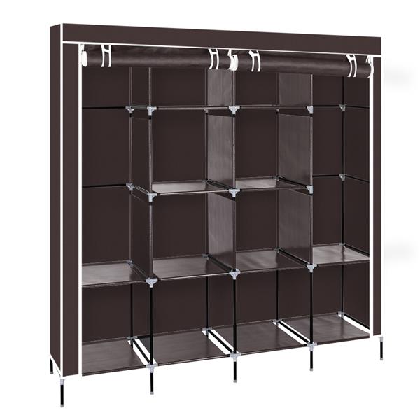 67" Clothes Closet Portable Wardrobe Clothes Storage Rack 12 Shelves 4 Side Pockets Dark Brown 