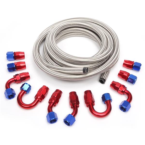 10AN 16-Foot Universal Silver Fuel Pipe   10 Red and Blue Connectors