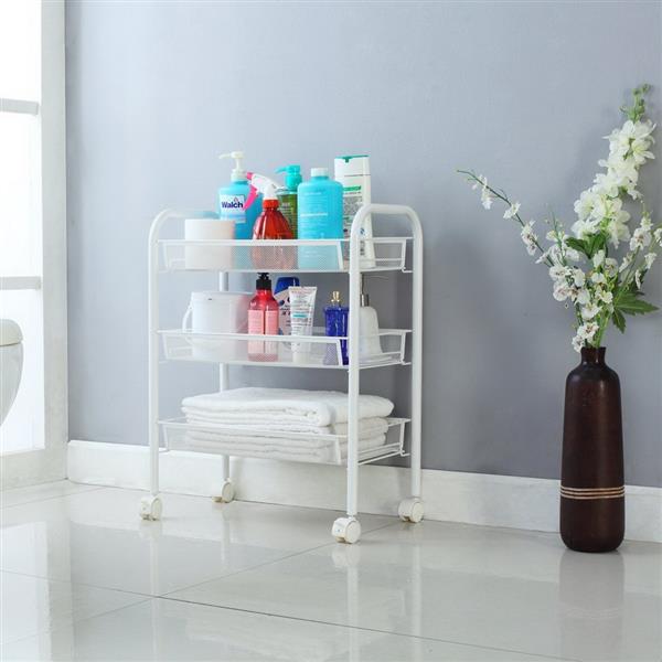 Exquisite Honeycomb Net Three Tiers Storage Cart with Hook Ivory White