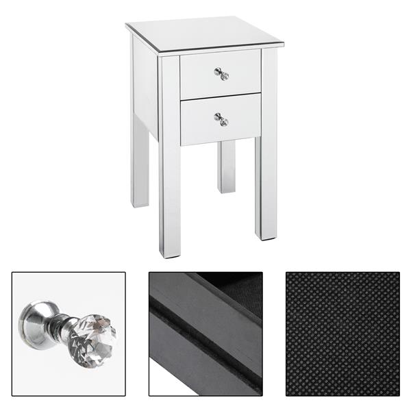 Modern and Contemporary Mirrored 2-Drawers Nightstand Bedside Table Silver