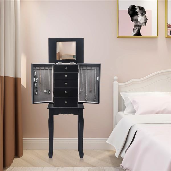 Standing Jewelry Armoire with Mirror, 5 Drawers & 6 Necklace Hooks, Jewelry Cabinet Chest with Top Storage Organizer , 2 Side Swing Doors(Black)