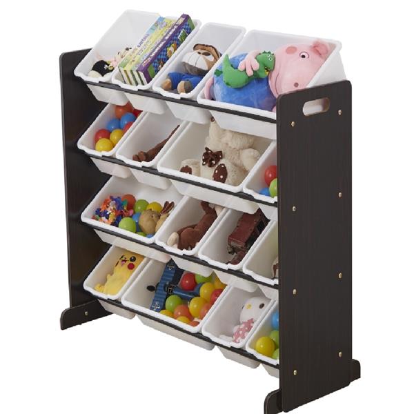 Wooden Kids' Toy Storage Organizer with 16 Plastic Bins,X-Large, Espresso / White