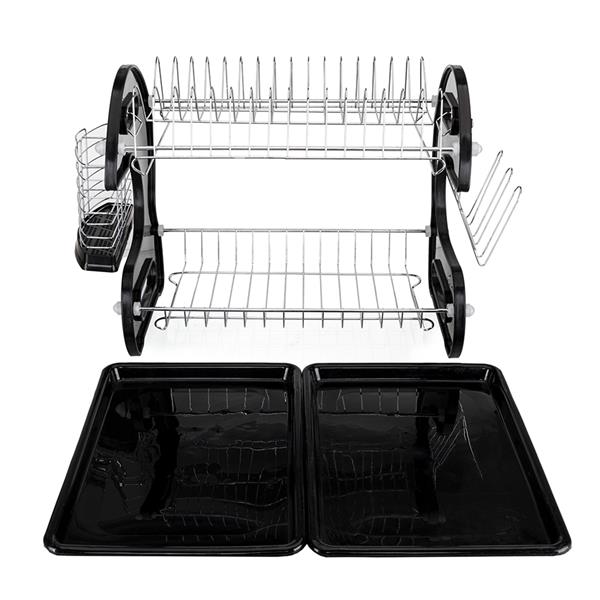 Multifunctional Dual Layers Bowls & Dishes & Chopsticks & Spoons Collection Shelf Dish Drainer Black