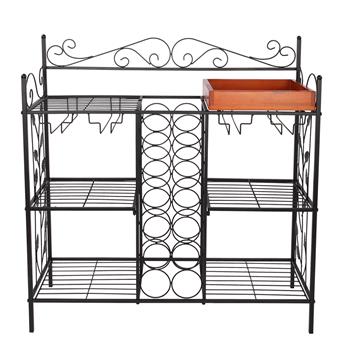 Black Metal Six (6) Shelf Kitchen Bakers Rack Console Table with 12 Bottles Wine Storage and 12 Glass Holder