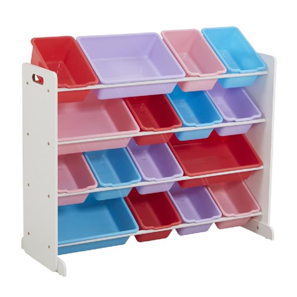 Wooden Kids' Toy Storage Organizer with 16 Plastic Bins,X-Large, White / Blue / Pink / Purple