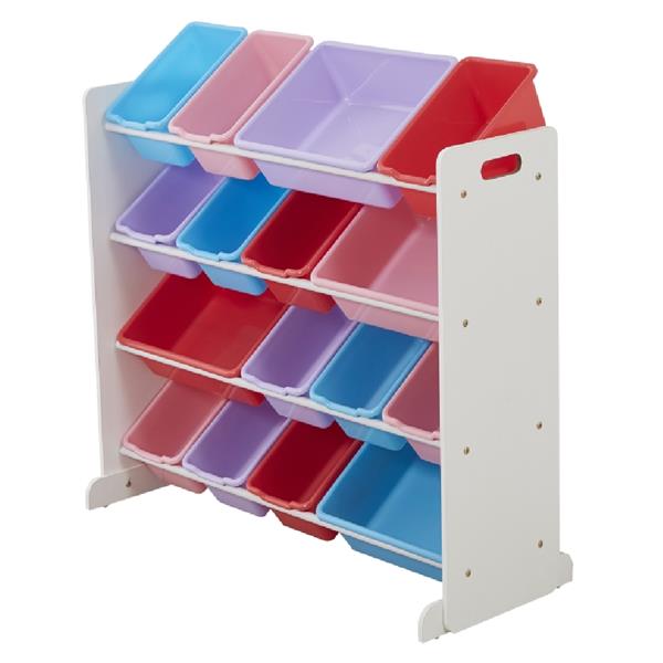 Wooden Kids' Toy Storage Organizer with 16 Plastic Bins,X-Large, White / Blue / Pink / Purple