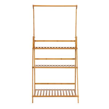 100% Bamboo Plant Frame Three Layers, Balcony Bamboo Frame Folding with Hanging Rod Flower Frame,Indoor Office Balcony, Living Room, Outdoor Garden Decoration--Natural