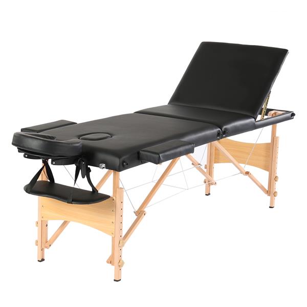 84" 3 Sections Folding Portable Beech Leg Beauty Massage Table 60CM Wide Adjustable Height Black 