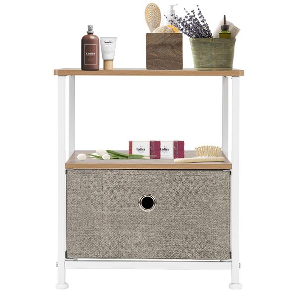 Nightstand 1-Drawer Shelf Storage- Bedside Furniture & Accent End Table Chest For Home, Bedroom, Office, College Dorm, Steel Frame, Wood Top, Easy Pull Fabric Bins Linen / Natural