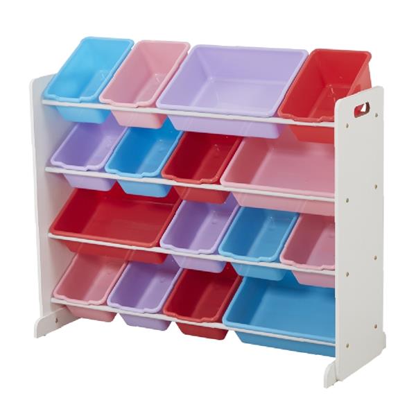 Wooden Kids' Toy Storage Organizer with 16 Plastic Bins,X-Large, White / Blue / Pink / Purple