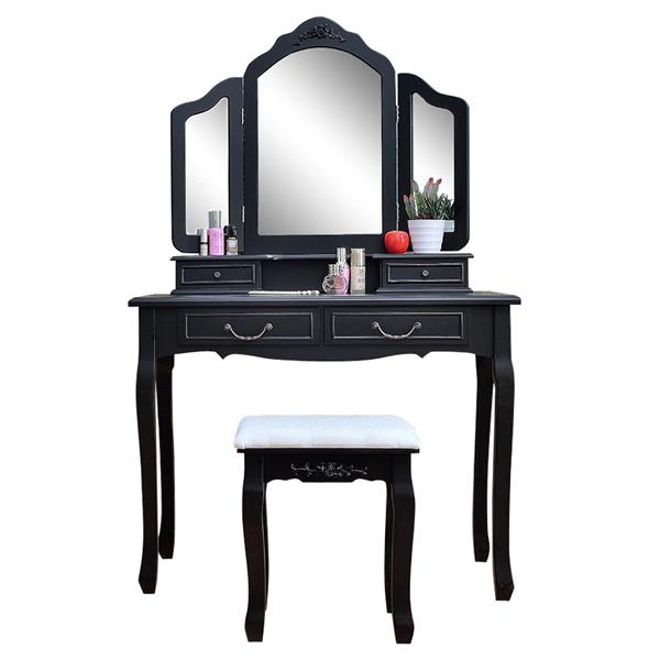 Tri-fold Mirror Dresser with Dressing Stool Black