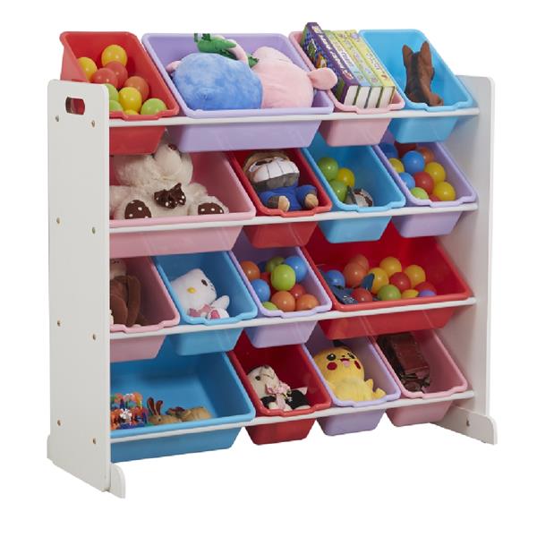 Wooden Kids' Toy Storage Organizer with 16 Plastic Bins,X-Large, White / Blue / Pink / Purple