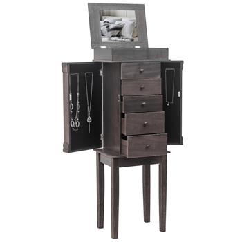 Standing Jewelry Armoire with Mirror, 5 Drawers & 8 Necklace Hooks, Jewelry Cabinet Chest with Top Storage Organizer , 2 Side Swing Doors(Grey)