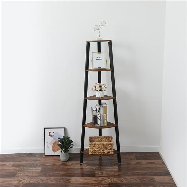 Corner Shelf, 5-Tier Bookshelf, Plant Stand, Wood Look Accent Bookcase Furniture with Metal Frame, for Home and Office, Rustic Brown