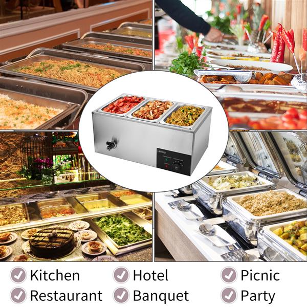 XTC1P-1/3 110V 600W 6.9QT/6.5L 3 Cells Bain Marie Food Warmer