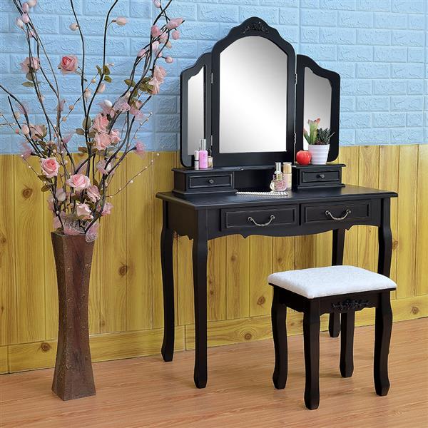 Tri-fold Mirror Dresser with Dressing Stool Black