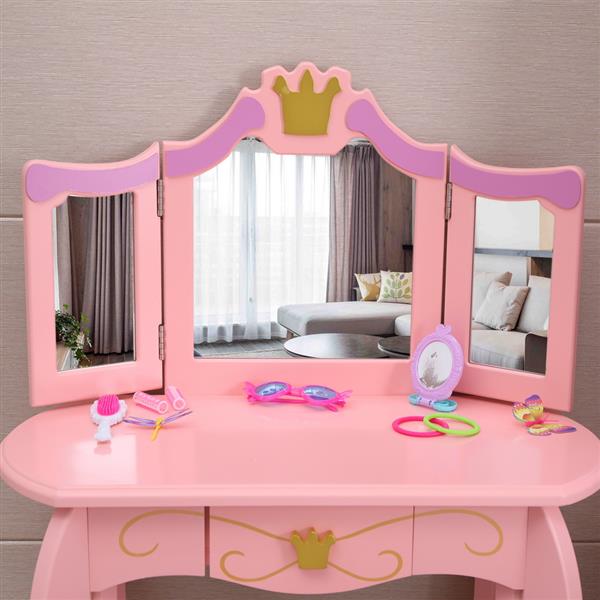 Children's Three Mirror Single-Drawing Curved Foot Dresser Pink