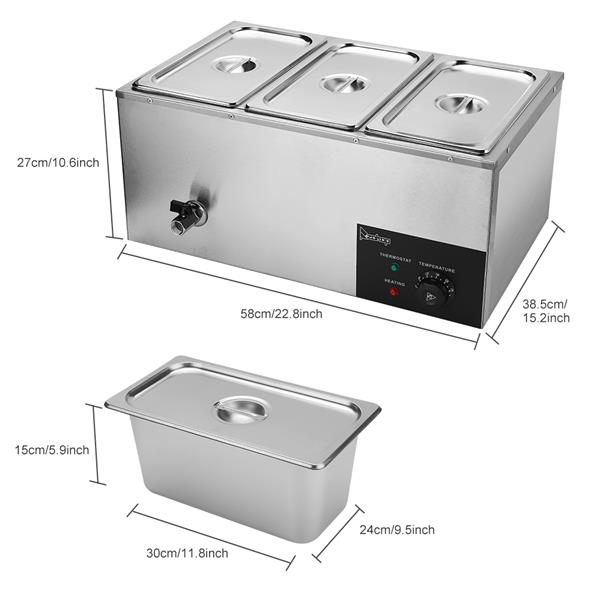 XTC1P-1/3 110V 600W 6.9QT/6.5L 3 Cells Bain Marie Food Warmer