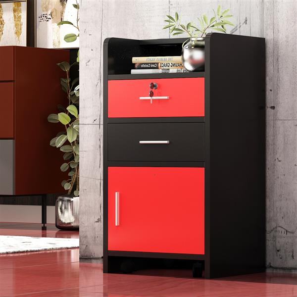 Salon Wood Rolling Drawer Cabinet Trolley Spa 3-layer Cabinet Equipment with A Lock Black & Red