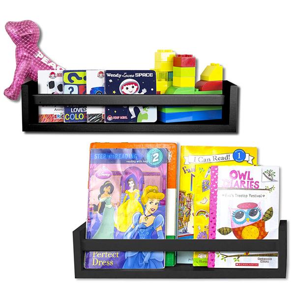 Set of 2 Nursery Room Wood Floating Wall Shelves Wall Decor, Bookshelf, and Toy Organizer Black