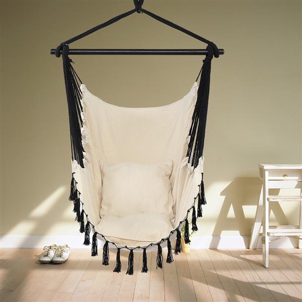 1.5*1.2m Tassel Plus Pillow Hanging Chair Beige Fabric Black Rope